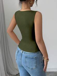 Rafferiza Women's Solid Color Square Neck Sleeveless Fitted Casual Elegant Tank Top For Summer - Army Green - View 2