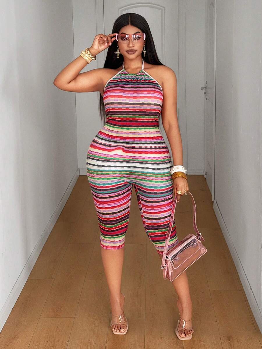Maweii Macacão justo listrado colorido, tamanho grande, alta elasticidade, lançamento 2025. - Multicolorido - Ver 1