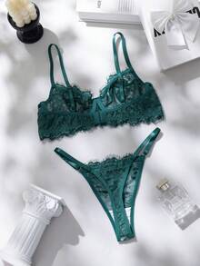 SHEIN Set de 2 piezas de lencería con parches de encaje color rosa rojo, madura y sensual - Verde - Ver 2