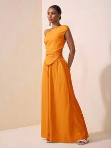 Zivah 2025 Spring/Summer New Music Festival, Easter, St. Patrick's Day, Western, Nomadic, Birthday Party, Graduation, College Style, Student Wear, Daily Casual, All-Match Versatile, Leisure, Cruise Travel, Beach, Sunbathing, Viral , Streetwear, Wedding Guest Boho, Commute, Brunch, Airport Outfit Apricot Asymmetric Shoulder Ruched Curved Hem Cropped Top And Wide Leg Pants Pocketed 2-Piece Textured Fabric Set - Orange - View 3