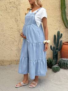 SHEIN 孕妇休闲牛仔连衣裙 夏季嘉年华服装 通勤 度假 毕业 时尚 Y2K 可爱 街头风 俏皮 派对 婚礼 优雅 商务休闲 女士 商务 海滩 毕业 复活节 女士无袖浅蓝色牛仔背带裙，带纽扣肩带和层叠荷叶边 复活节假日连衣裙 日常孕妇连衣裙 日常通勤牛仔连衣裙 - 藍色 - 查看 5