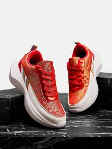 Vate Women's Casual Beige Fashionable Outdoor Chunky Sneakers, Shock-Absorbing, Suitable For Daily Wear, Vacation, Gifts, Thick Sole Platform Wedge Chunky Sneakers Red For New Year Holiday Vibe Fall And Winter Trainers - Red - View 2
