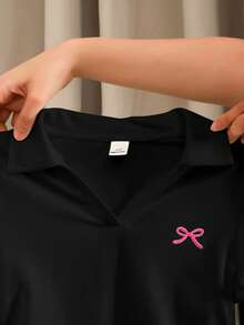 SHEIN Tween Girl Solid Color Casual Polo V-Neck Fitted Side Ruched Short Sleeve Cropped T-Shirt - Black - View 6