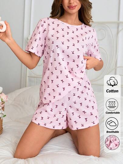 SHEIN %100 Cotton Women 2 Pcs BOW Pattern Round Neck SHORT Sleeve Top&Sleep Shorts Homewear Comfort Casual Summer Lounge Pajama Set For Ladies