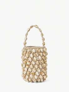 Maija Ladies, Women Top Handle Bags, Acrylic Bead Crochet Bag, Bucket Bag, Fashionable, Elegant, Simple, Personalized, Versatile, For Beach, Vacation, Holiday, Summer, Seaside, Beach Party - Beige - View 2