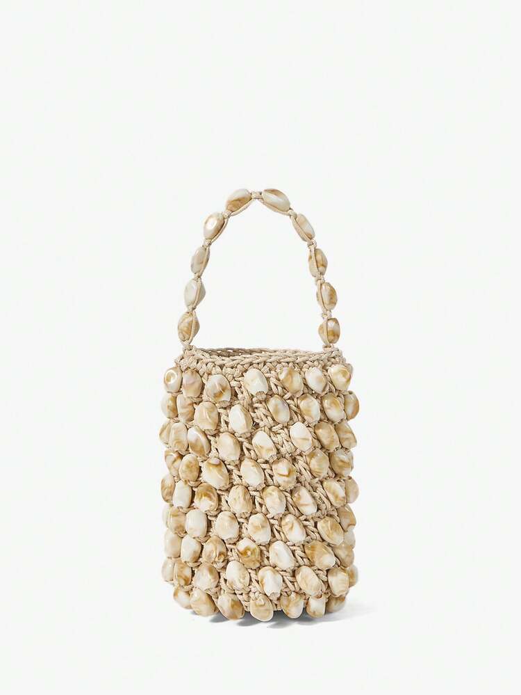 SHEIN Maija Ladies, Women Top Handle Bags, Acrylic Bead Crochet Bag, Bucket Bag, Fashionable, Elegant, Simple, Personalized, Versatile, For Beach, Vacation, Holiday, Summer, Seaside, Beach Party