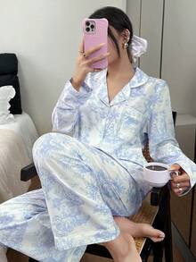 SHEIN Women's Bubble Print Lapel Cardigan Pajama Set - Blue and White - View 3