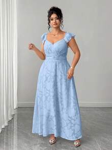 Elenzga 大码纯色镂空面料腰部荷叶边袖A字连衣裙 - 藍色 - 查看 3