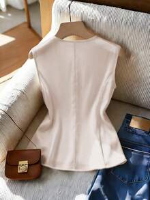 GlowEve Elegant & Fashionable Minimalist Metal Bow Button Round Neck Women Blouse, Spring/Summer - Beige - View 2