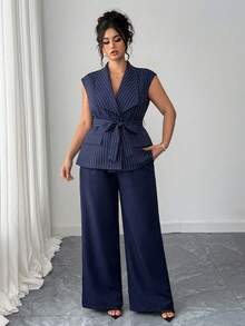Elenzga Plus Size Women's Elegant Asymmetrical Lapel Open Front Blazer With Belt & Wide Leg Pants 2 Pieces Set, Spring/Summer - Blue and White - View 3