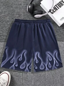 Manfinity Roghcode Loose Men's Fire & Letter Graphic Drawstring Waist Shorts - Navy Blue - View 2