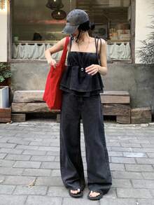 FRIFUL 女士牛仔吊带双蝴蝶结吊带背心和阔腿裤套装 - 藍色 - 查看 7