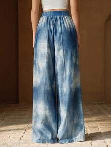 Anewsta Pantalones rectos, sueltos y casuales de cintura alta con bolsillos para mujer - Azul - Ver 3