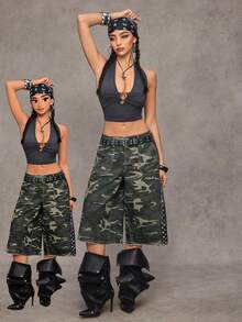 Jeanoix Jeans casuales de mujer con pierna ancha, camuflaje y desgastados de 7/8 de longitud, estilo Y2K - Multicolor - Ver 8