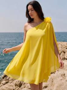 Juhart 女士优雅休闲黄色雪纺半透明不对称领口可拆卸花朵装饰宽松加大码迷你连衣裙，春夏款 - 黃色 - 查看 8