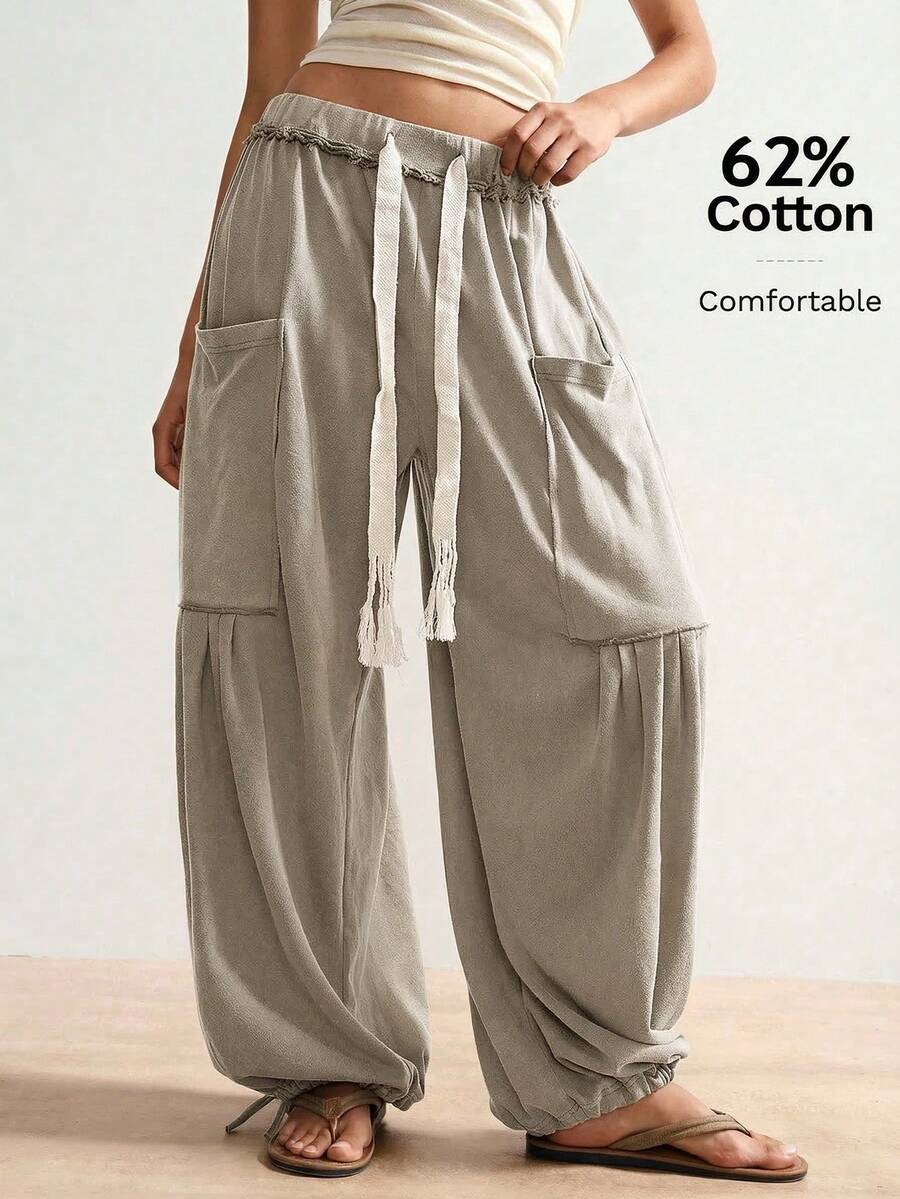 SHEIN BohoFeels 波西米亚风纯色针织宽松女裤，适合冬季、圣诞节、新年、独立日、休闲度假穿着 - 杏色 - 查看 1