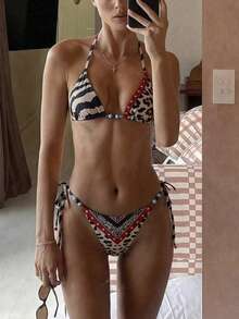 Bonvoyette Conjunto de bikini sexy de triángulo con tirantes de espagueti, estampado de leopardo y cebra, con bloques de color, cuentas y espalda descubierta, para mujeres en verano 2026 - Multicolor - Ver 6