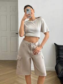 SHEIN 纯色、高腰、工装舒适、带侧袋的牛仔短裤 - 米色 - 查看 5