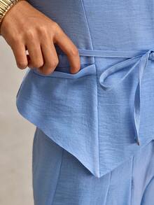 SHEIN Women Modern Blue Vest And Pants Fake Linen - Blue - View 6