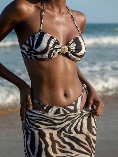 Maija 女士夏季度假沙滩斑马纹吊带比基尼套装，含罩裙