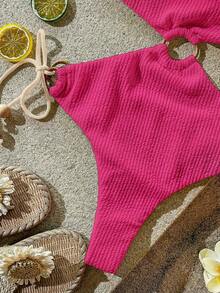 Vivid Eden 1 pieza Traje de baño de una sola pieza con escote halter y diseño calado de unicolor para mujer, ropa de vacaciones para vacaciones de verano en la playa - Rosa - Ver 4