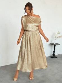 Firerie Women's Gold Asymmetric Shoulder Ruched Waist A-Line Elegant Romantic Dress, Suitable For Holidays, Parties, Daily Commute, Valentine's Day, Concerts, Graduations, Teacher's Day, Back To School And Other Occasions - Gold - View 1