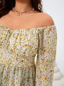 Solflare Plus Size Women's Vacation Ditsy Floral Front Tie Off Shoulder Long Sleeve Fashionable Blouse - Multicolor - View 6