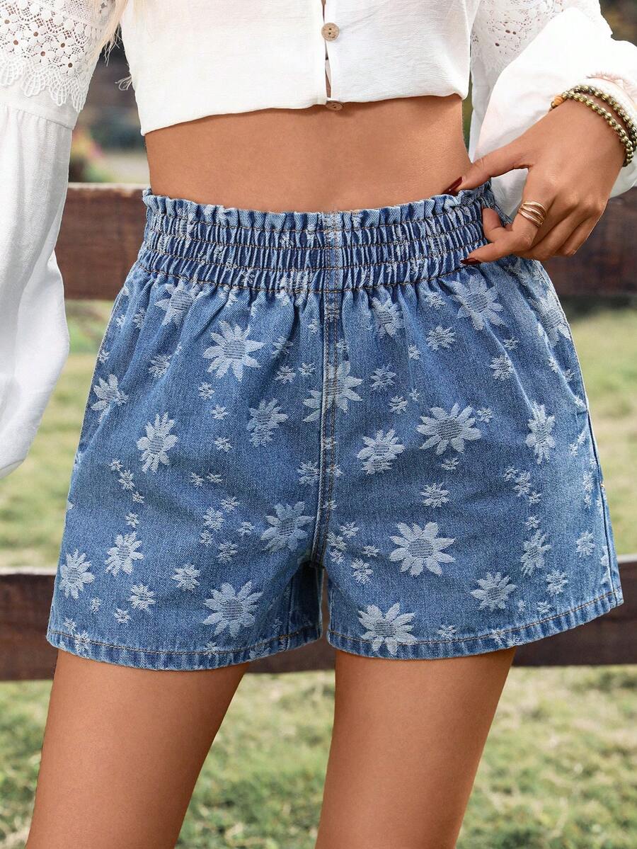 SHEIN Holidaya 印花复古牛仔短裤女款，A字阔腿热裤，高腰宽松显瘦夏季新品 - 中等水洗藍 - 查看 1