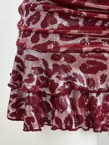 Elamini Women's Sequin Leopard Print Ruched Bandeau Dress, Casual Vacation Wear - Burgundy - View 5