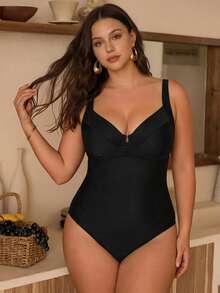 Swim Chiccia 大码女士纯色时尚连体泳衣 - 黑色 - 查看 6