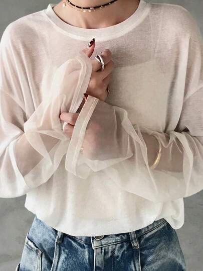 FRIFUL 女士宽松圆领超大款落肩网纱拼接透视薄款T恤