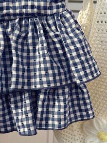 Flirla Women's Red Plaid Ruched High Waist Double-Layer Hem Romantic Vacation Sweet Casual Short Skirt, Spring/Summer - Navy Blue - View 4
