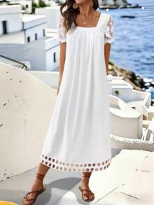 SHEIN Holidaya Vestido holgado de longitud media con cuello cuadrado, mangas cortas raglán, encaje y pliegues - Blanco - Ver 4