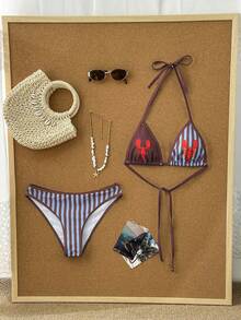 Swim Mod 2pcs Women's Crayfish Print Colorblock Striped Fashionable Sweet Beach Vacation Swimwear Set - Multicolor - View 5