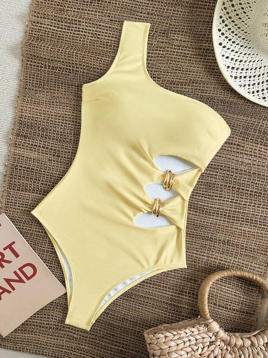 SHEIN Swim 纯色连衣裙,肩带系带,腰部镂空金属装饰,优雅度假风女装 - 黃色 - 查看 1