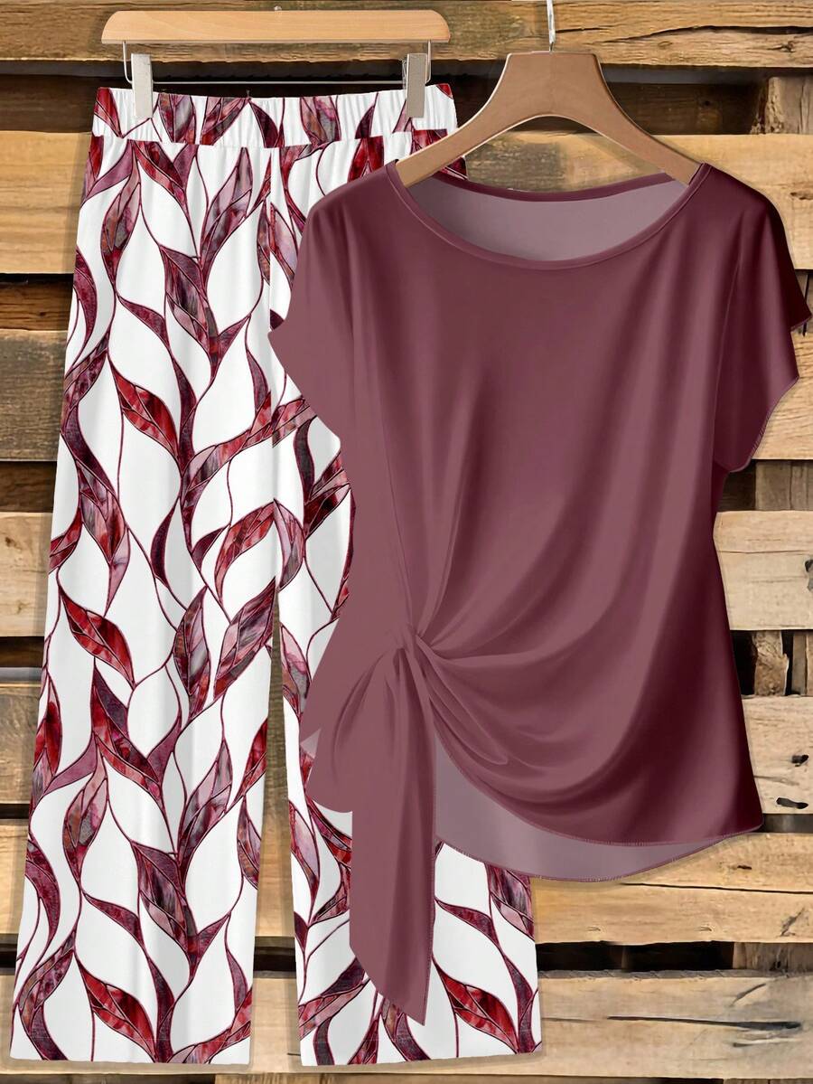 SHEIN Clasi 两件套女士休闲梅红色蝴蝶结衬衫和宽松直筒几何印花裤套装，适合春夏穿着 - 彩色 - 查看 1