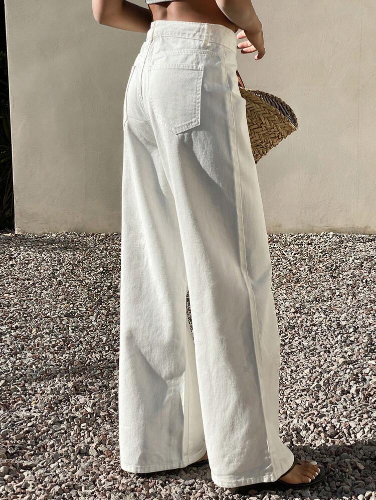 Women's Casual Solid White Pocket Washed Wide Leg Jeans, Spring/Summer
