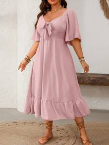 Breezaya Plus Size Cutout Flare Hem Short Sleeve Dress - Pink - View 4