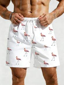 ZELFYO Men's Drawstring Flamingo All-Over Print Loose Beach Shorts, Summer - White - View 3