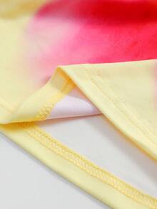 SHEIN Sweetro Áo thun nữ không tay in họa tiết hoa dâm bụt, thiết kế lệch vai, cạp chun xếp ly đơn giản, màu vàng, thích hợp cho mùa xuân/hè. - Màu vàng - Xem 3