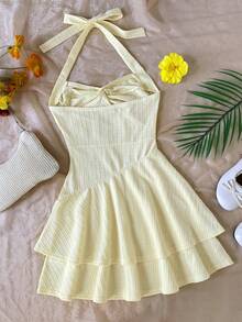 SHEIN Đầm nữ tuổi teen kiểu dáng thường ngày, cổ yếm, thắt eo, trang trí hình sao biển, viền bèo nhún. - Màu vàng - Xem 2