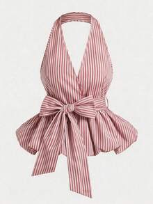 Olithes 2026新款女士裹身式露背上衣，饰有蝴蝶结，经典条纹图案 - 适合日常休闲、办公室通勤、轻松度假穿着 - 彩色 - 查看 3