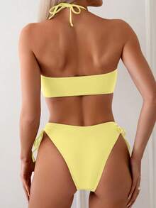 Swim Mod Women's Elegant Butter Yellow Bikini Set,Summer Beach Party Holiday Strapless Bandeau Ruched 2 Pieces Swimwear, High Waisted Bathing Suit Outfit - Yellow - View 2