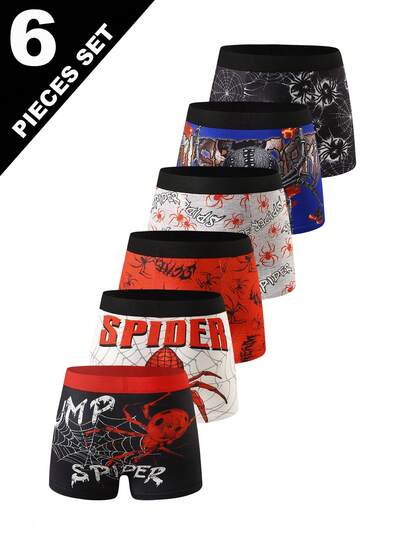 6条装男童舒适蜘蛛印花平角内裤，卡通印花儿童内裤