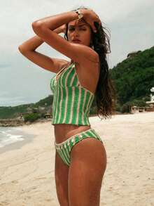 Swim Vcay Women's Striped Halter Tankini Top And Triangle Bottoms Swimwear Set, Suitable For Summer Vacation - Green - View 11