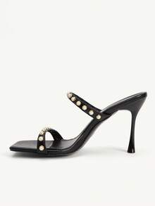 CUCCOO CHICEST Giày nữ mũi vuông gót nhọn đính sọc và ngọc trai. - màu đen - Xem 4