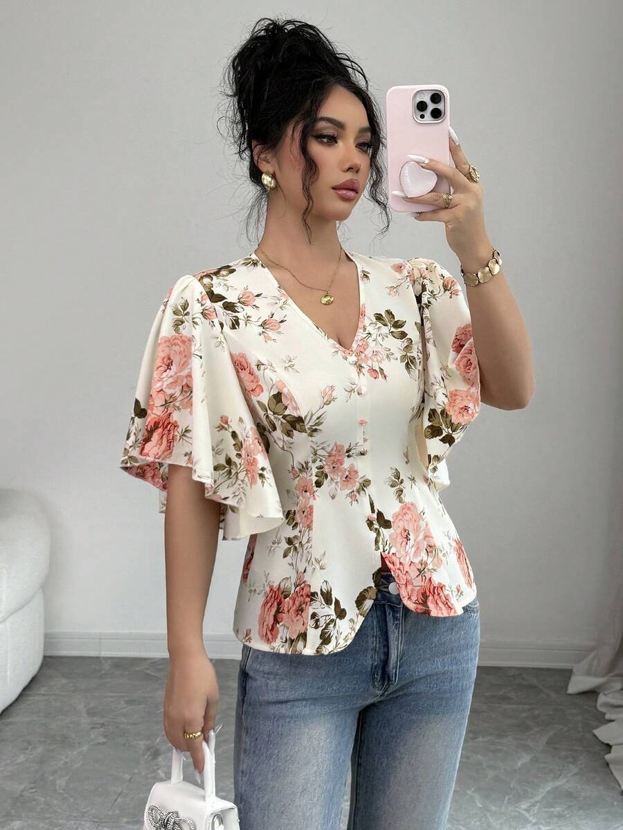 SHEIN Elenzya Áo kiểu thanh lịch màu mơ in hoa, cổ chữ V, eo nhún, tay bồng, thích hợp mặc đi làm, đi nghỉ mát hoặc dự tiệc trà chiều, mùa xuân/hè. - Màu be - Xem 1