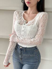 DAZY Women's Round Neck Lace-Up Daily Long Sleeve Top With Single Row Button Sheer,Fall Women Clothes Valentine's Day - White - View 2