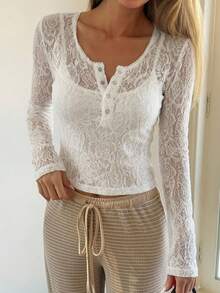 DAZY Women's Round Neck Lace-Up Daily Long Sleeve Top With Single Row Button Sheer,Fall Women Clothes Valentine's Day - White - View 4