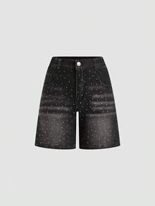 SHEIN 女童寬鬆牛仔短褲，夏季水洗百搭舒適款，水洗噴白效果，水鑽腿部設計，舒適鬆緊腰頭配拉鍊，黑色水洗薄款面料，柔軟，適合日常穿著與夏季祭典 - 黑色 - 查看 3